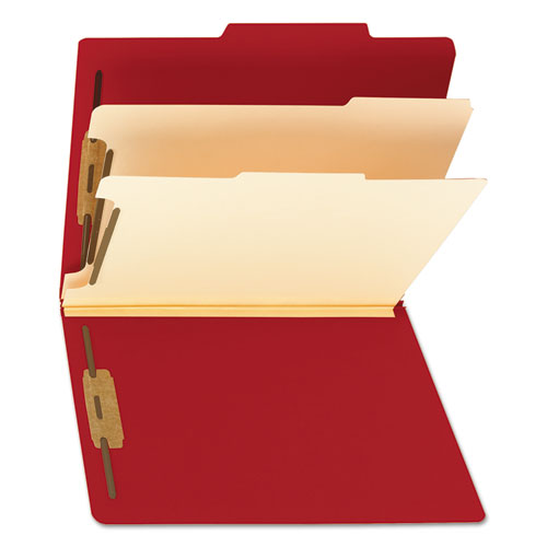 Image of Smead Top Tab Classification Folders, Six SafeSHIELD Fasteners, 2" Expansion, 2 Dividers, Letter Size, Red Exterior, 10/Box