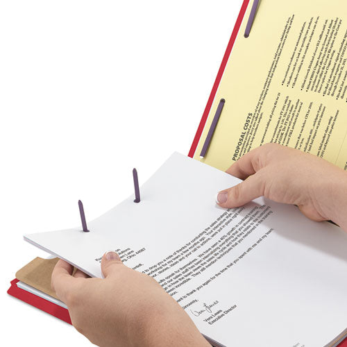 Image of Smead 6-Section Pressboard Top Tab Pocket Classification Folders, 6 SafeSHIELD Fasteners, 2 Dividers, Legal Size, Bright Red, 10/BX