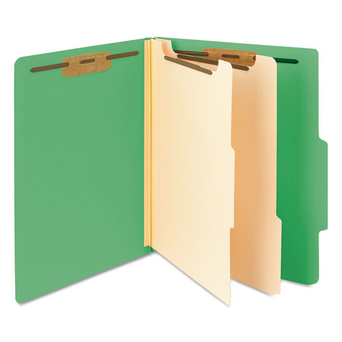 Image of Smead Top Tab Classification Folders, Six SafeSHIELD Fasteners, 2" Expansion, 2 Dividers, Letter Size, Green Exterior, 10/Box