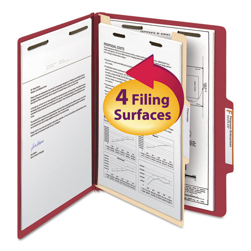 Image of Smead Top Tab Classification Folders, Four SafeSHIELD Fasteners, 2" Expansion, 1 Divider, Letter Size, Red Exterior, 10/Box