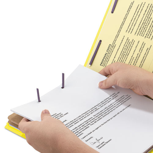 Image of Smead 6-Section Pressboard Top Tab Pocket Classification Folders, 6 SafeSHIELD Fasteners, 2 Dividers, Legal Size, Yellow, 10/Box