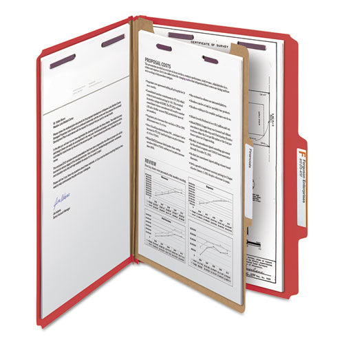 Image of Smead Four-Section Pressboard Top Tab Classification Folders, Four SafeSHIELD Fasteners, 1 Divider, Legal Size, Bright Red, 10/Box