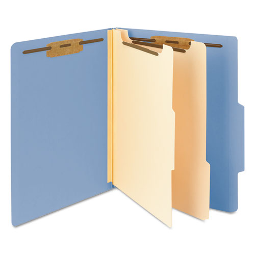 Image of Smead Top Tab Classification Folders, Six SafeSHIELD Fasteners, 2" Expansion, 2 Dividers, Letter Size, Blue Exterior, 10/Box