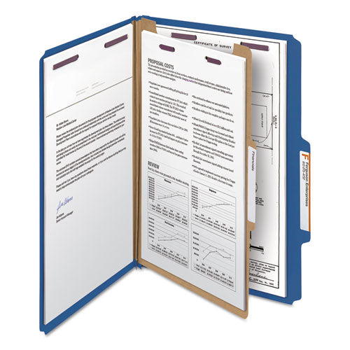Image of Smead Four-Section Pressboard Top Tab Classification Folders, Four SafeSHIELD Fasteners, 1 Divider, Legal Size, Dark Blue, 10/Box
