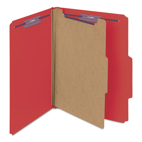 Image of Smead Four-Section Pressboard Top Tab Classification Folders, Four SafeSHIELD Fasteners, 1 Divider, Letter Size, Bright Red, 10/Box
