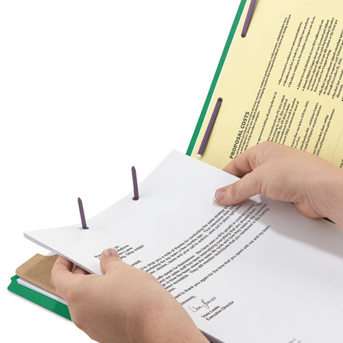 Image of Smead Four-Section Pressboard Top Tab Classification Folders, Four SafeSHIELD Fasteners, 1 Divider, Legal Size, Green, 10/Box
