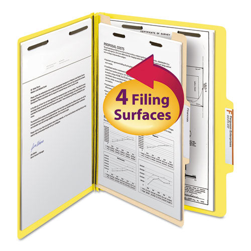 Image of Smead Top Tab Classification Folders, Four SafeSHIELD Fasteners, 2" Expansion, 1 Divider, Letter Size, Yellow Exterior, 10/Box