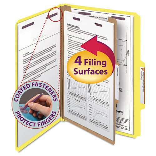 Image of Smead Four-Section Pressboard Top Tab Classification Folders, Four SafeSHIELD Fasteners, 1 Divider, Legal Size, Yellow, 10/Box