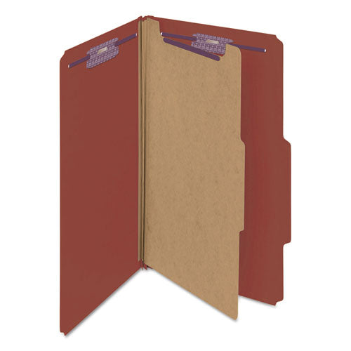 Image of Smead Pressboard Classification Folders, Four SafeSHIELD Fasteners, 2/5-Cut Tabs, 1 Divider, Legal Size, Red, 10/Box
