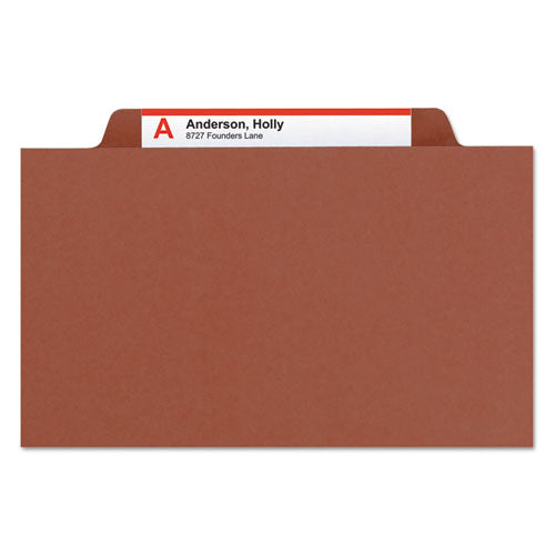 Image of Smead Pressboard Classification Folders, Eight SafeSHIELD Fasteners, 2/5-Cut Tabs, 3 Dividers, Legal Size, Red, 10/Box