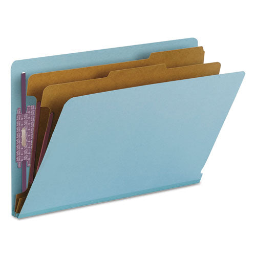 Image of Smead End Tab Pressboard Classification Folders, Six SafeSHIELD Fasteners, 2" Expansion, 2 Dividers, Legal Size, Blue, 10/Box