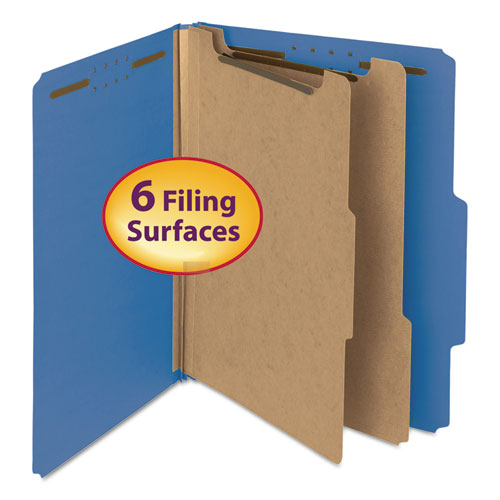 Image of Smead Recycled Pressboard Classification Folders, 2" Expansion, 2 Dividers, 6 Fasteners, Letter Size, Dark Blue, 10/Box