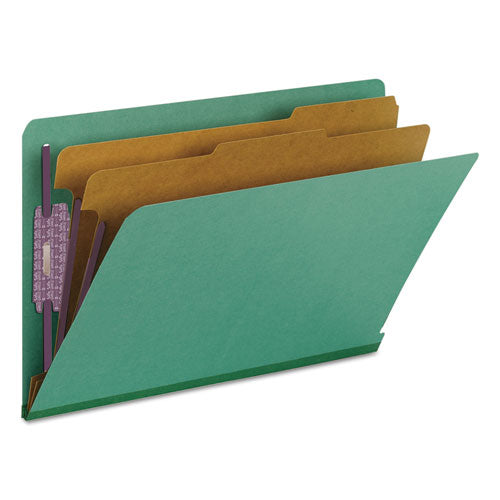 Image of Smead End Tab Pressboard Classification Folders, Six SafeSHIELD Fasteners, 2" Expansion, 2 Dividers, Legal Size, Green, 10/Box