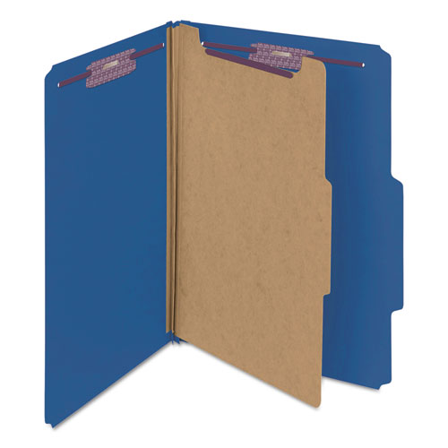 Image of Smead Four-Section Pressboard Top Tab Classification Folders, Four SafeSHIELD Fasteners, 1 Divider, Legal Size, Dark Blue, 10/Box