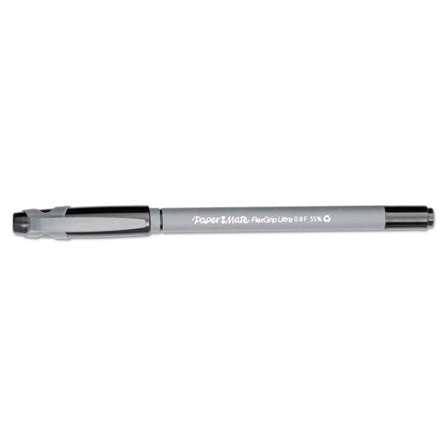 Image of Paper Mate® FlexGrip Ultra Recycled Ballpoint Pen, Stick, Fine 0.8 mm, Black Ink, Gray Barrel, Dozen