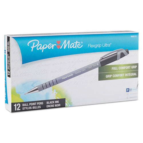 Image of Paper Mate® FlexGrip Ultra Recycled Ballpoint Pen, Stick, Fine 0.8 mm, Black Ink, Gray Barrel, Dozen
