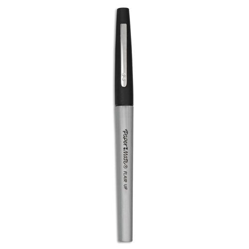 Image of Paper Mate® Flair Felt Tip Porous Point Pen, Stick, Ultra-Fine 0.4 mm, Black Ink, Gray/Black Barrel, Dozen