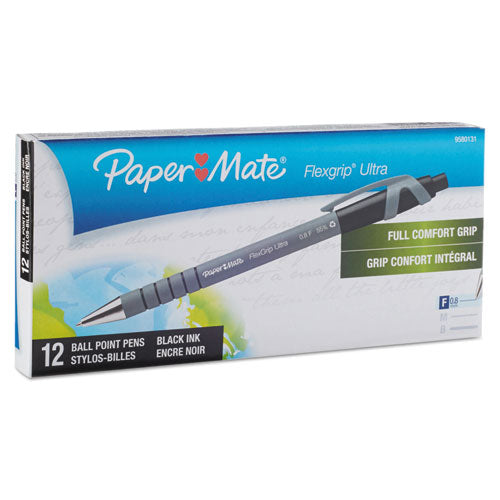 Image of Paper Mate® FlexGrip Ultra Recycled Ballpoint Pen, Retractable, Fine 0.8 mm, Black Ink, Gray/Black Barrel, Dozen