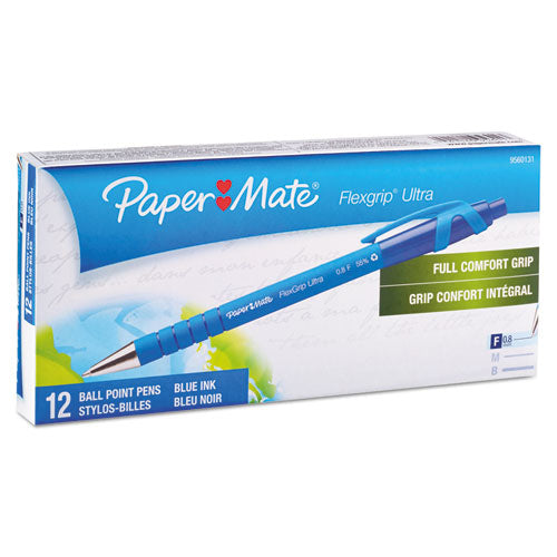 Image of Paper Mate® FlexGrip Ultra Recycled Ballpoint Pen, Retractable, Fine 0.8 mm, Blue Ink, Black/Blue Barrel, Dozen