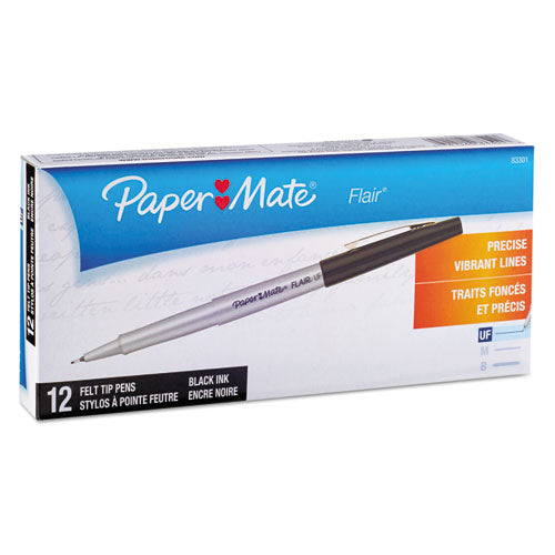 Image of Paper Mate® Flair Felt Tip Porous Point Pen, Stick, Ultra-Fine 0.4 mm, Black Ink, Gray/Black Barrel, Dozen