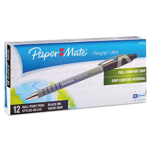 Image of Paper Mate® FlexGrip Ultra Recycled Ballpoint Pen, Retractable, Medium 1 mm, Black Ink, Black/Gray Barrel, Dozen