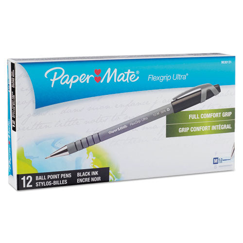 Image of Paper Mate® FlexGrip Ultra Recycled Ballpoint Pen, Stick, Medium 1 mm, Black Ink, Gray Barrel, Dozen