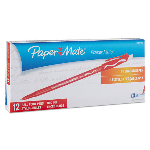 Image of Paper Mate® Eraser Mate Ballpoint Pen, Stick, Medium 1 Mm, Red Ink, Red Barrel, Dozen