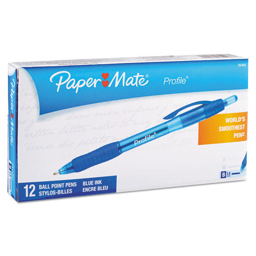 Image of Paper Mate® Profile Ballpoint Pen, Retractable, Bold 1.4 mm, Blue Ink, Translucent Blue Barrel, Dozen