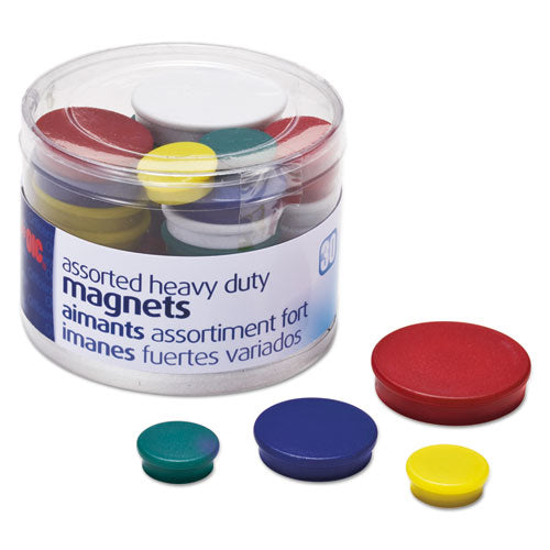 Image of Officemate Assorted Heavy-Duty Magnets, Circles, Assorted Sizes: (12) Small, (12) Medium, (6) Large, Assorted Colors, 30/Pack