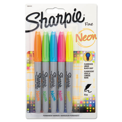 Image of Sharpie® Neon Permanent Markers, Fine Bullet Tip, Assorted Colors, 5/pack
