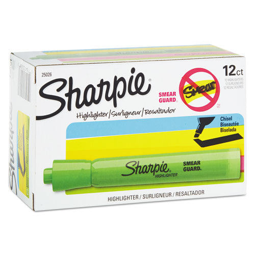 Image of Sharpie® Tank Style Highlighters, Fluorescent Green Ink, Chisel Tip, Green Barrel, Dozen