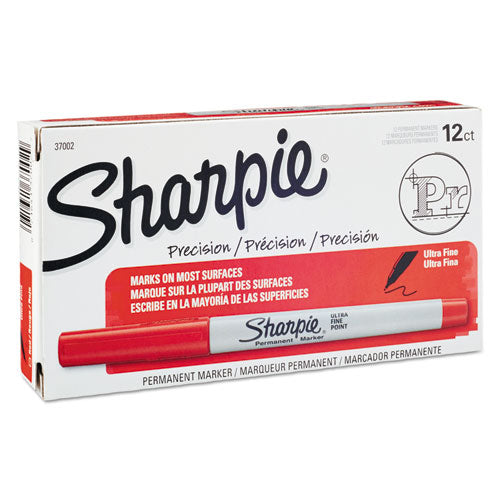 Image of Sharpie® Ultra Fine Tip Permanent Marker, Ultra-Fine Needle Tip, Red, Dozen