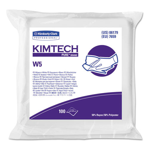Image of Kimtech W5 Critical Task Wipers, Flat Double Bag, Spunlace, 9 x 9, Unscented, White, 100/Pack, 5 Packs/Carton