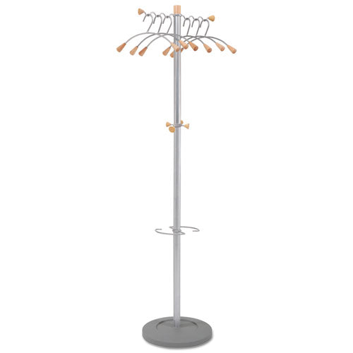 Image of Alba Wavy Coat Tree, Six Hangers/Two Knobs/Four Hooks, 18.88w x 14d x 68.5h, Silver/Wood