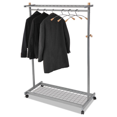 Image of Alba Garment Racks, Two-Sided, 2-Shelf Coat Rack, 6 Hanger/6 Hook, 44.8w x 21.67d x 70.8h, Silver/Wood