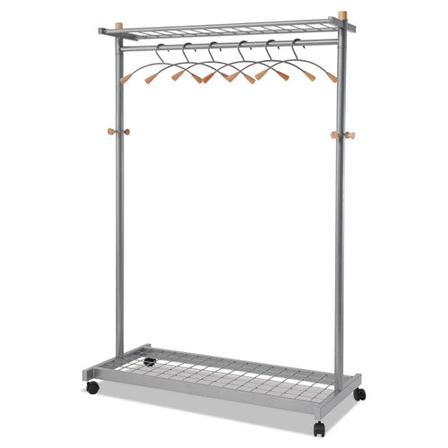 Image of Alba Garment Racks, Two-Sided, 2-Shelf Coat Rack, 6 Hanger/6 Hook, 44.8w x 21.67d x 70.8h, Silver/Wood