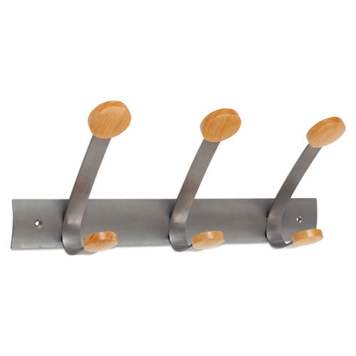Image of Alba Wooden Coat Hook, Three Wood Peg Wall Rack, Brown/Silver, 45 lb Capacity