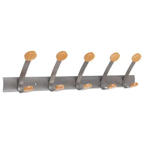 Image of Alba Wooden Coat Hook, Five Wood Peg Wall Rack, Brown/Silver, 45 lb Capacity