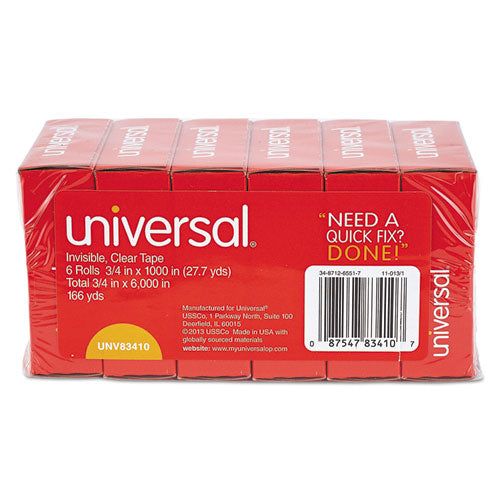 Image of Universal® Invisible Tape, 1" Core, 0.75" X 83.33 Ft, Clear, 6/pack