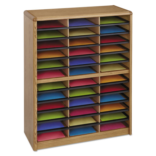 Image of Safco® Steel/Fiberboard Literature Sorter, 36 Compartments, 32.25 x 13.5 x 38, Oak