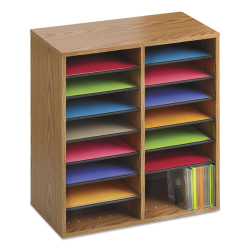Image of Safco® Wood/Laminate Literature/CD Sorter, 16 Compartments, 19.5 x 11.75 x 21, Medium Oak