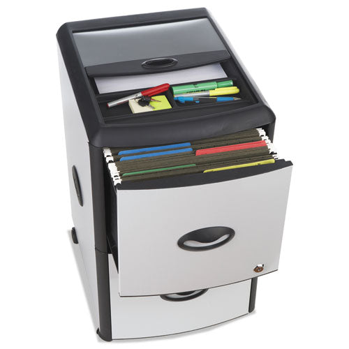 Image of Storex Mobile Filing Cabinet With Metal Siding And Top-Drawer Organizer Tray, 2 Letter File Drawers, Silver/black, 19" X 15" X 23"