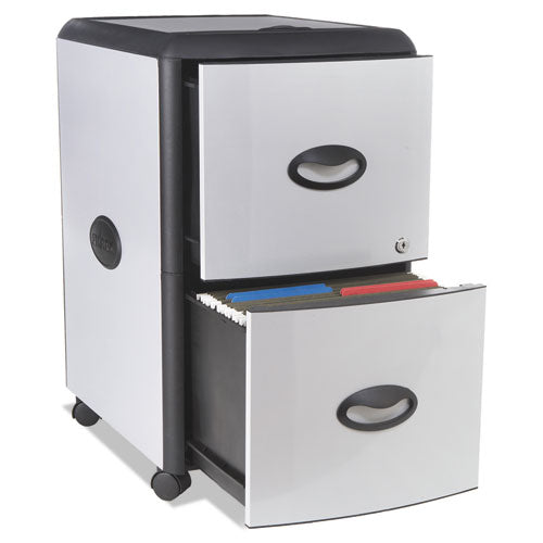 Image of Storex Mobile Filing Cabinet With Metal Siding And Top-Drawer Organizer Tray, 2 Letter File Drawers, Silver/black, 19" X 15" X 23"