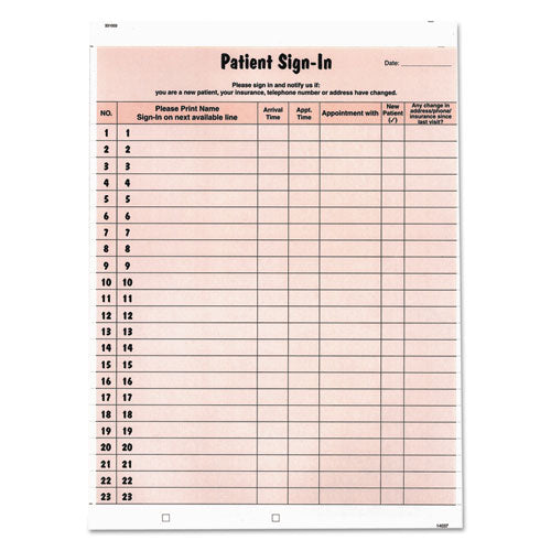 Image of Tabbies® Patient Sign-In Label Forms, Two-Part Carbon, 8.5 x 11.63, Salmon Sheets, 125 Forms Total