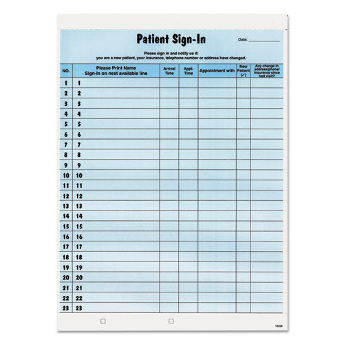 Image of Tabbies® Patient Sign-In Label Forms, Two-Part Carbon, 8.5 x 11.63, Blue Sheets, 125 Forms Total