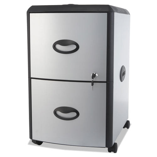 Image of Storex Mobile Filing Cabinet With Metal Siding And Top-Drawer Organizer Tray, 2 Letter File Drawers, Silver/black, 19" X 15" X 23"