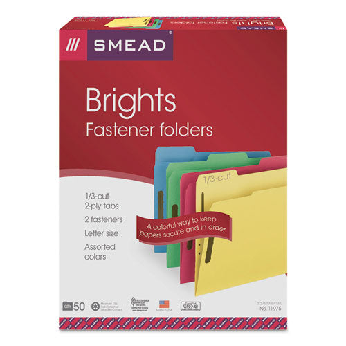 Image of Smead Top Tab Colored Fastener Folders, 0.75" Expansion, 2 Fasteners, Letter Size, Assorted Colors, 50/Box