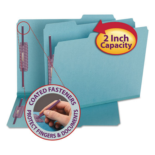 Image of Smead Colored Pressboard Fastener Folders with SafeSHIELD Coated Fasteners, 2" Expansion, 2 Fasteners, Letter Size, Blue, 25/Box