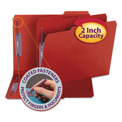 Image of Smead Colored Pressboard Fastener Folders with SafeSHIELD Fasteners, 2" Expansion, 2 Fasteners, Letter Size, Bright Red, 25/Box