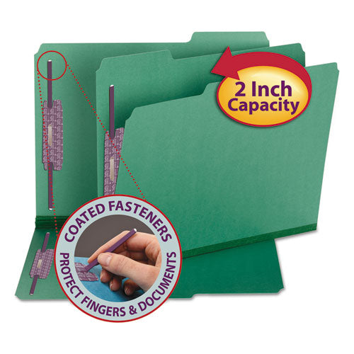 Image of Smead Colored Pressboard Fastener Folders with SafeSHIELD Coated Fasteners, 2" Expansion, 2 Fasteners, Letter Size, Green, 25/Box